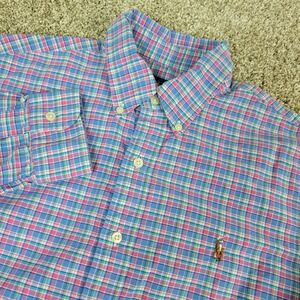 Ralph Lauren Mens Medium Red White Blue Plaid Flesh Pony Button Down Long Sleeve